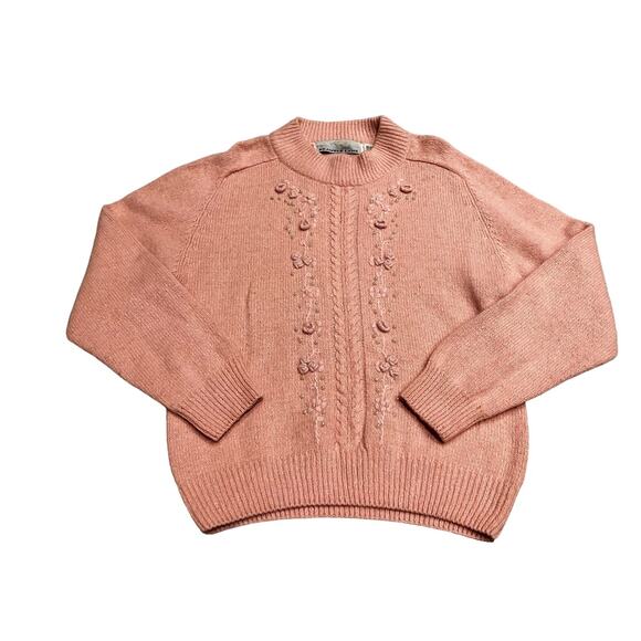 Bramble Lane M Silk Angora Lambswool Faux Pearls Pink Granny Sweater Cable VTG - Picture 2 of 11